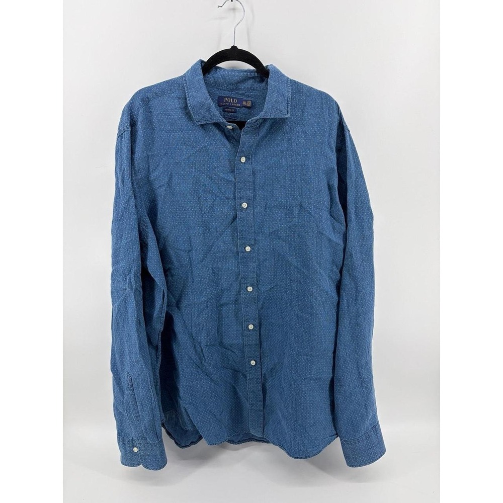 Polo Ralph Lauren, Button Down, Blue Excellent Linen, Polka Dot Shirt, Men XXL